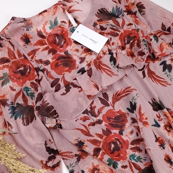 New Lovers + Friends Pink Floral Gold Metallic Stripe Sheer Ruff… - Picture 2 of 16